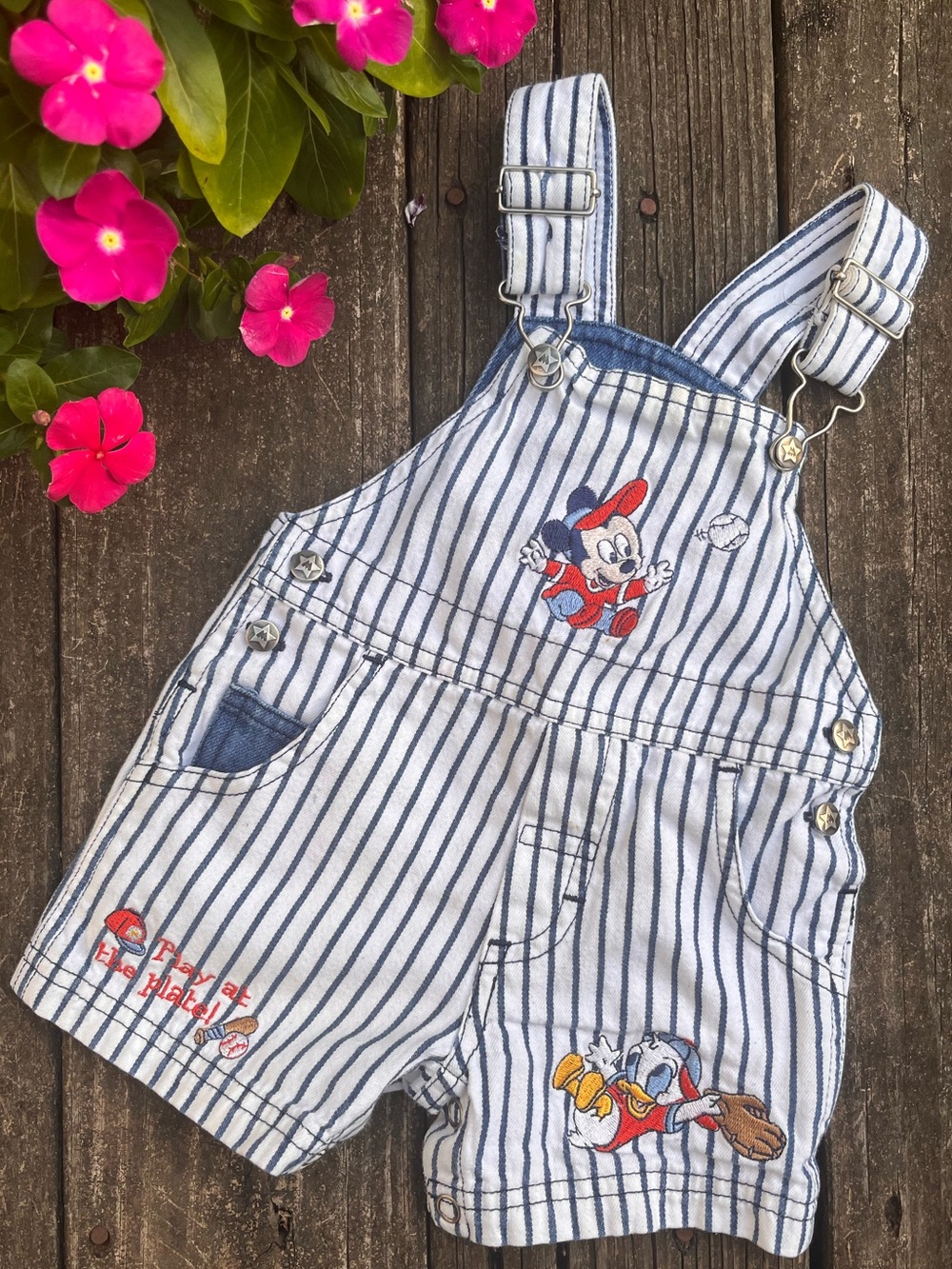 Vintage Disney Striped Blue & White Mickey Mouse Kids Baseball Overalls Shorts